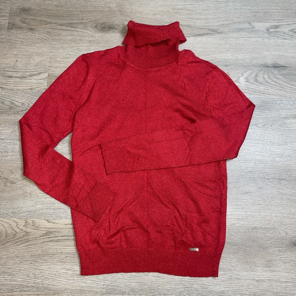 Calvin Klein Sweater Womens Medium Red Turtleneck Knit Pullover Logo Rayon Nylon